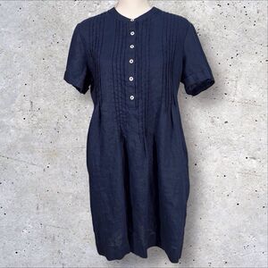 Quince European Linen Short Sleeve Swing Dress Navy Blue Pintucked Size Medium